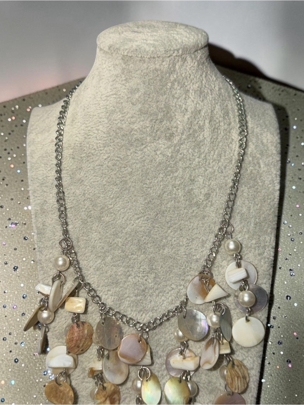 Mother of Pearl Style Shell Disc Layered Dangle Statement Necklace Boho - Picture 2 of 6